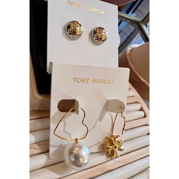 SET OF 2!! TORY BURCH LOGO STUD AND DROP EARRING SET - Picture 2 of 6